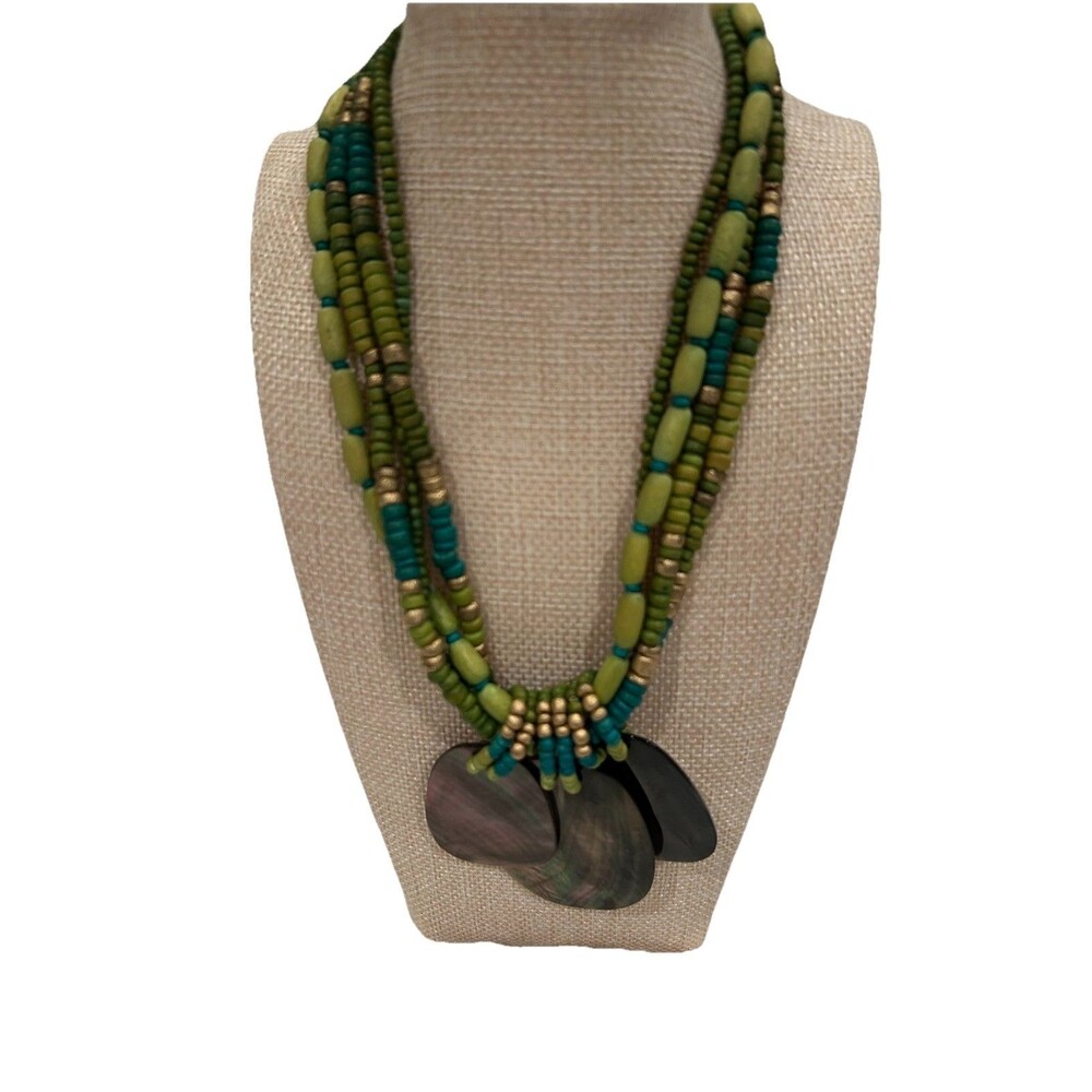 Wood Bead And Abalone Shell Necklace 16 Inches